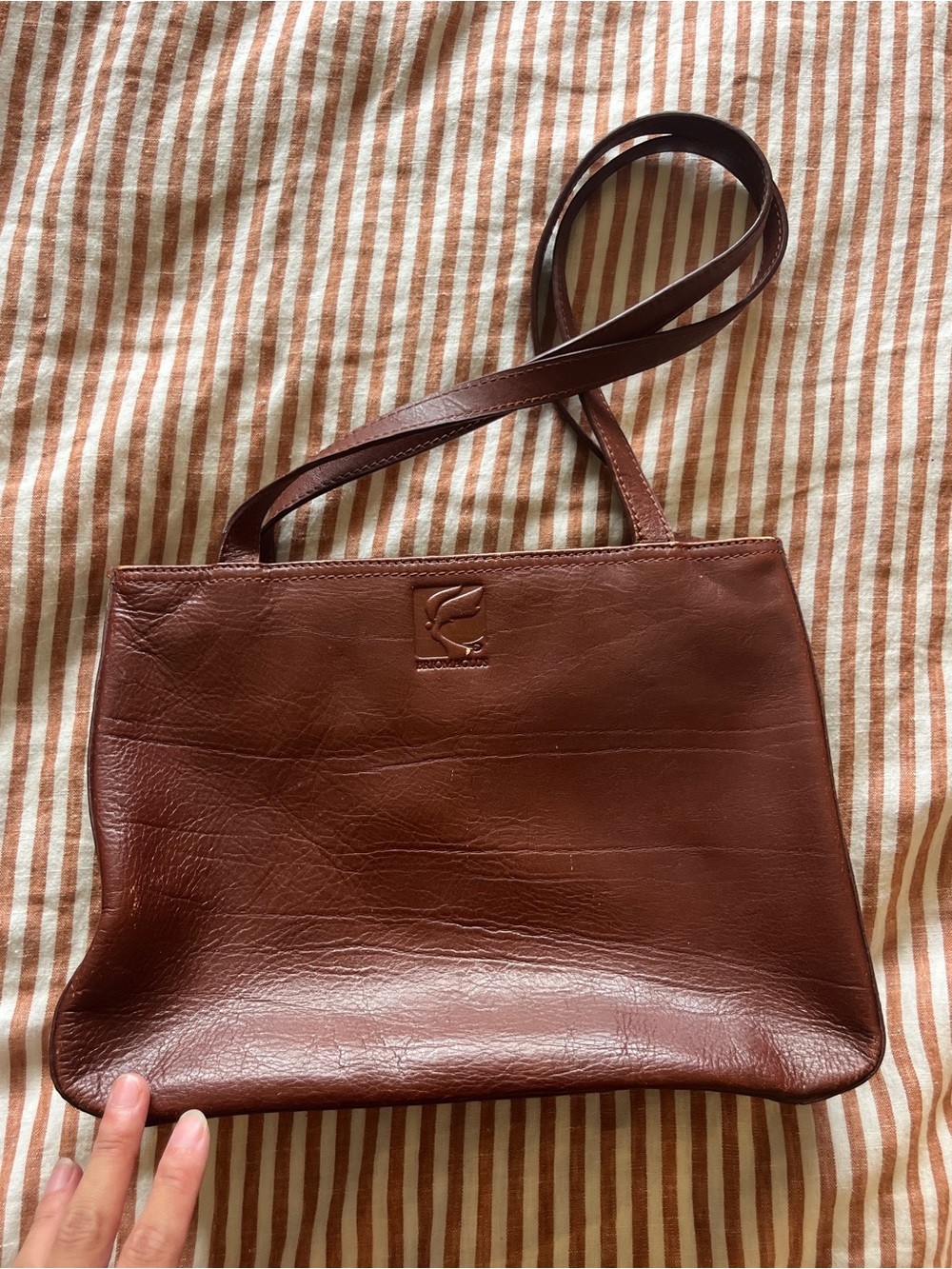 Vintage Brown genuine Leather Shoulder Bag with Embossed Logo